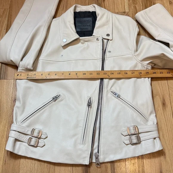 AllSaints Women’s Ivory Leather Motorcycle Biker Jacket with Black Lining 12 - Picture 9 of 12